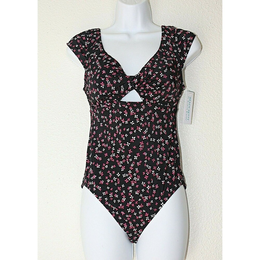 NWT BEACH BETTY 1 PC Swimsuit Sz. S Black Pink White Floral Key Hole Sexy #02